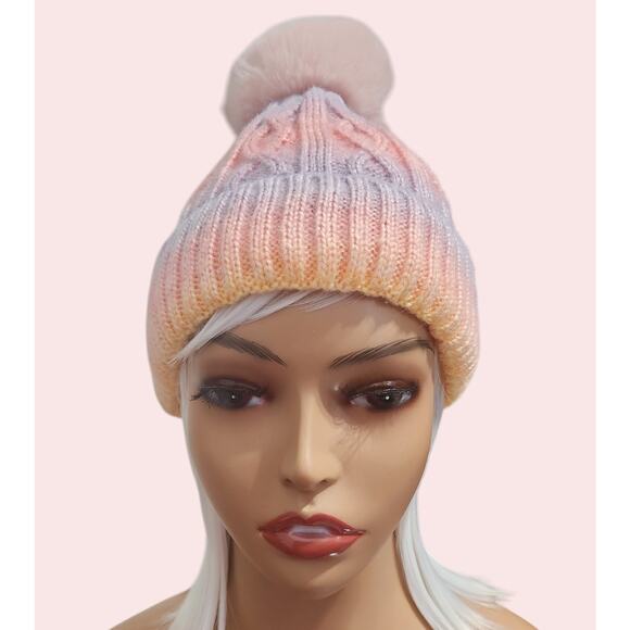Cap Beanie Mulitcolor Pastel Lined Inside with Ball on top - Picture 1 of 6